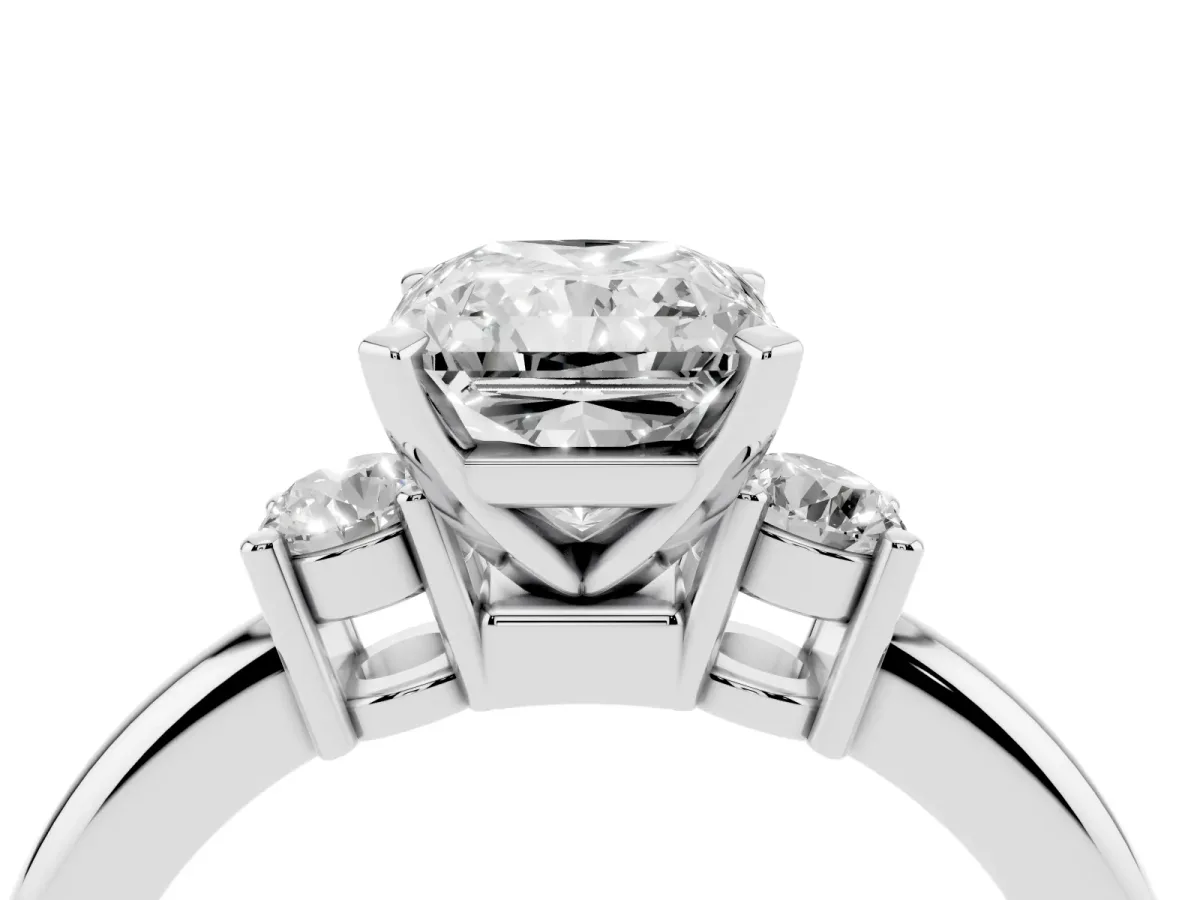 Three-Stone Radiant Cut Cut Diamond Solitaire with Prong Setting and Classic Band Silver