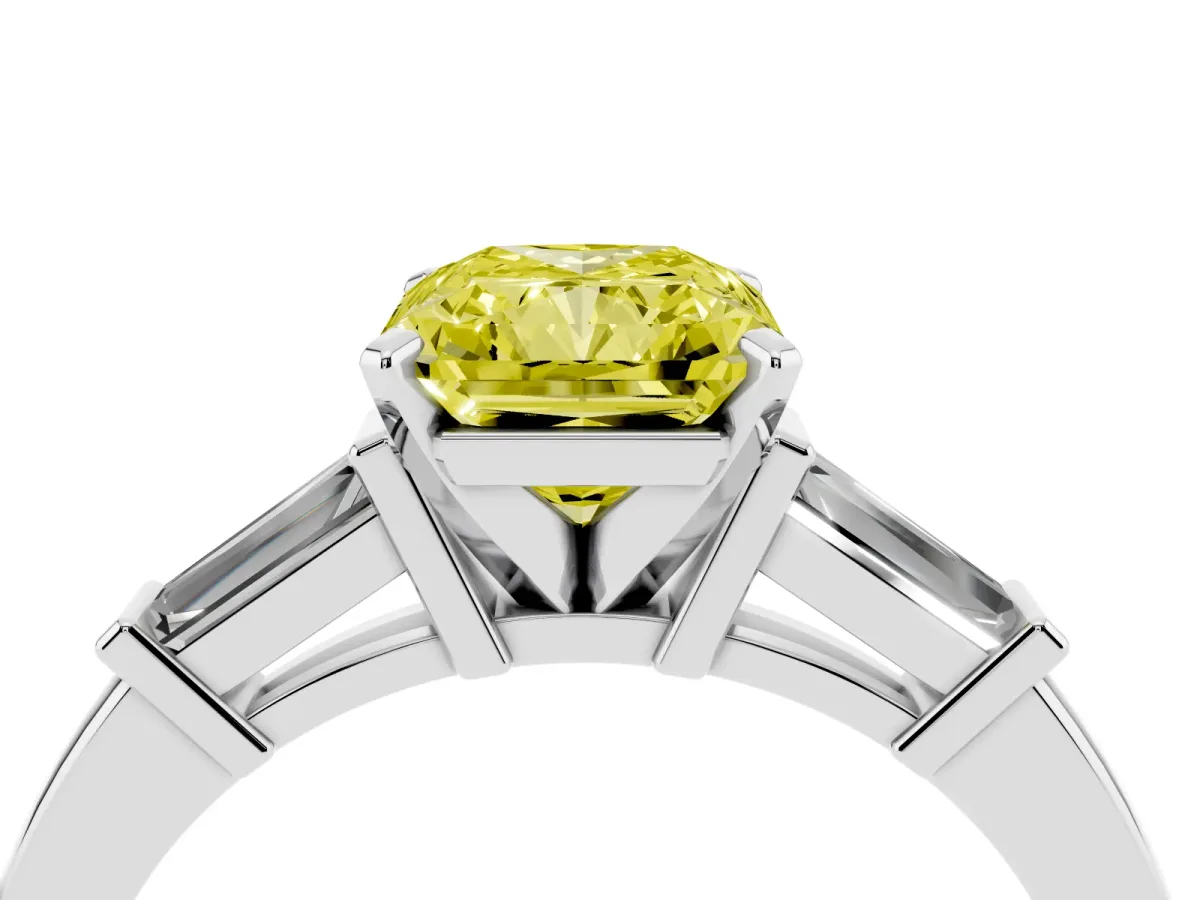 Fancy Yellow Radiant Cut Cut Diamond Solitaire Ring with Tapered Baguette Accents and Four-Prong Setting White gold