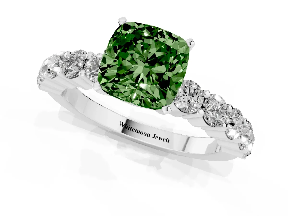 Fancy Green Cushion Cut Diamond Solitaire Ring with Shared Prong Round Side Stones Silver