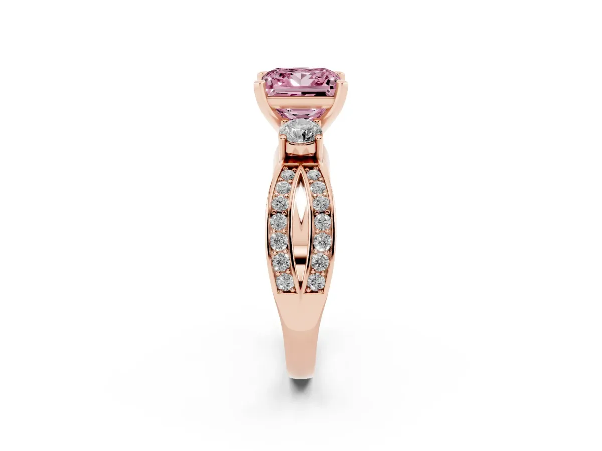 Fancy Pink Three-Stone Princess Cut Cut Diamond Twist Band with Prong Setting Rose gold