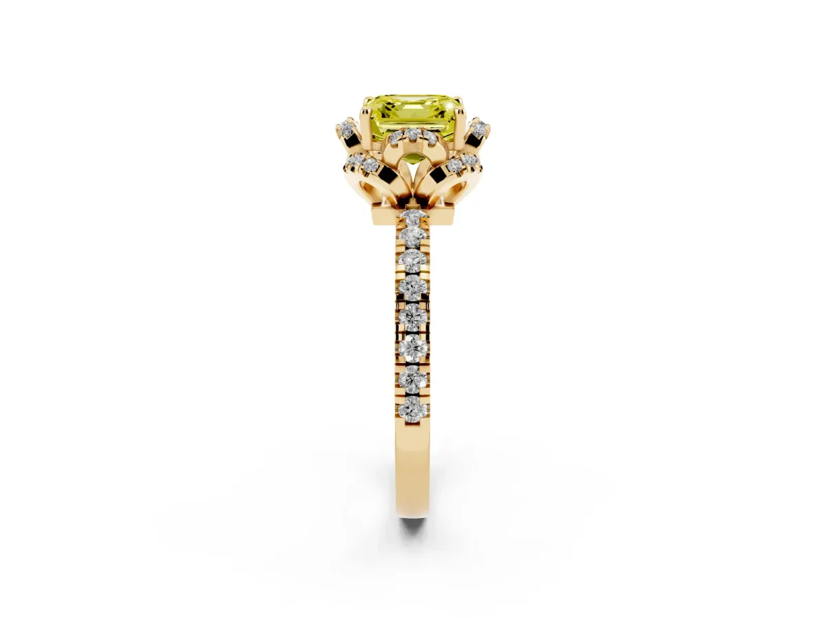 Fancy Yellow Asscher Cut Diamond Halo Pave Band with Four-Prong Setting Yellow gold