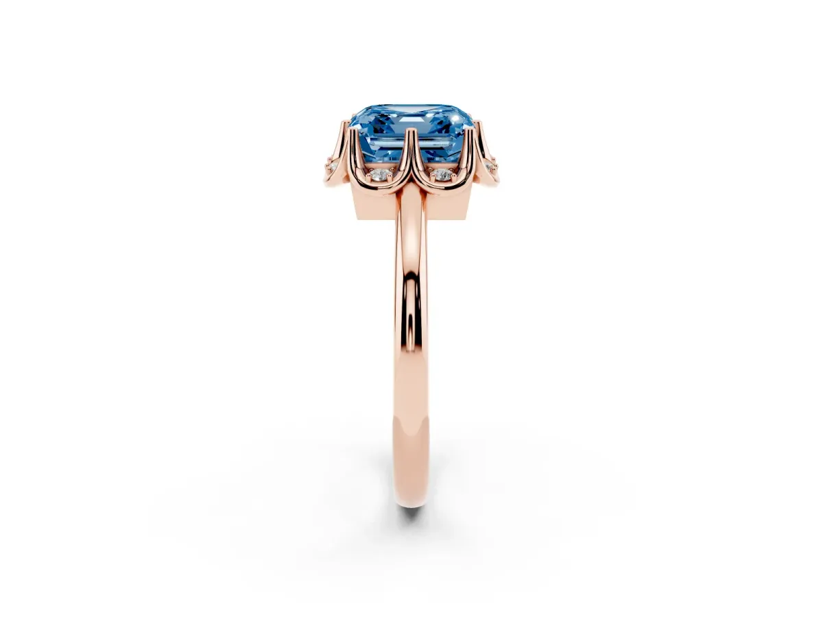 Fancy Blue Asscher Cut Halo Diamond Ring with Round Cluster Setting, Solitaire Band, and Four-Prong Setting Rose gold