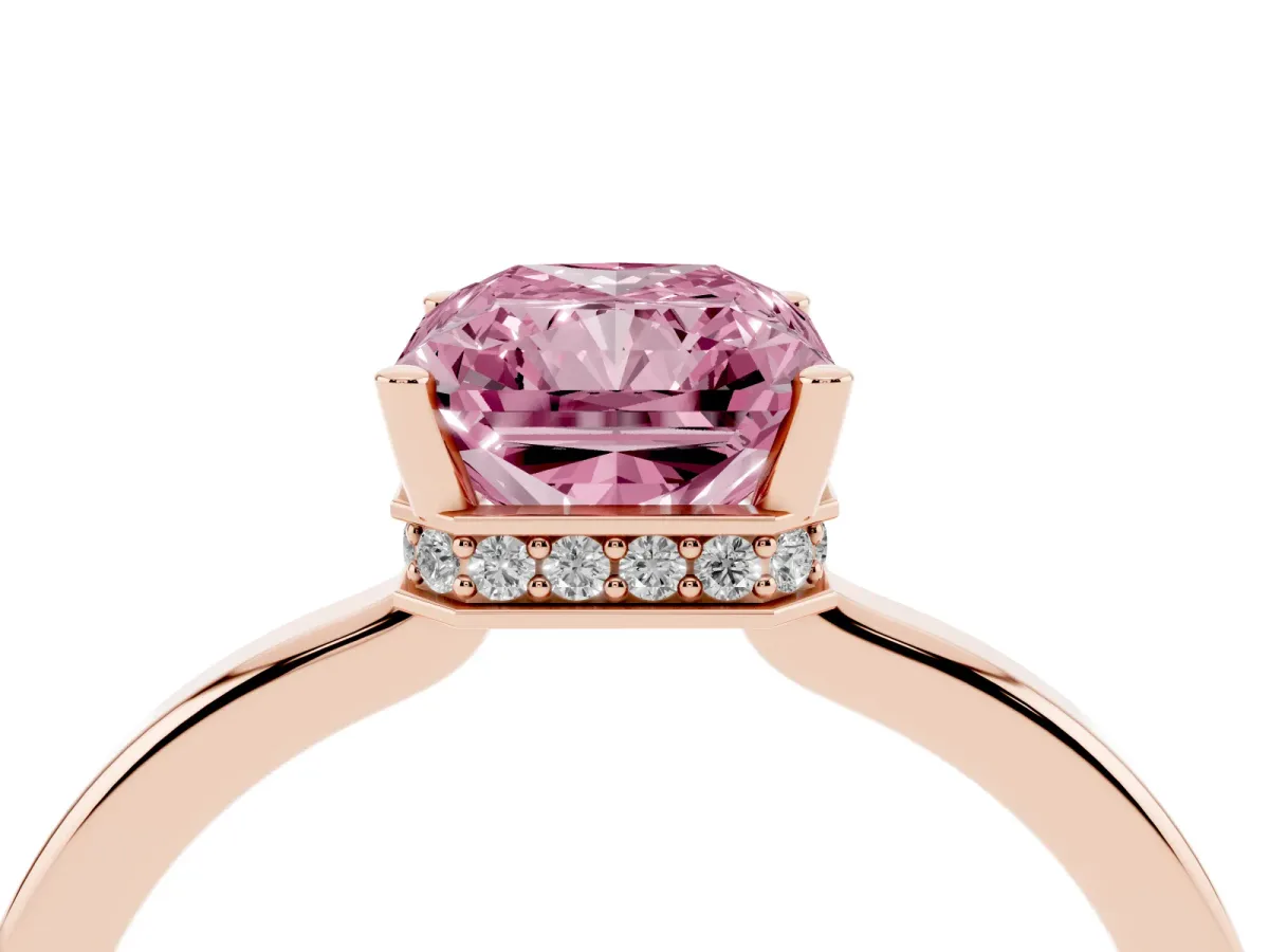 Fancy Pink Radiant Cut Cut Solitaire Engagement Ring with Four-Prong Setting on a Classic Band Rose gold