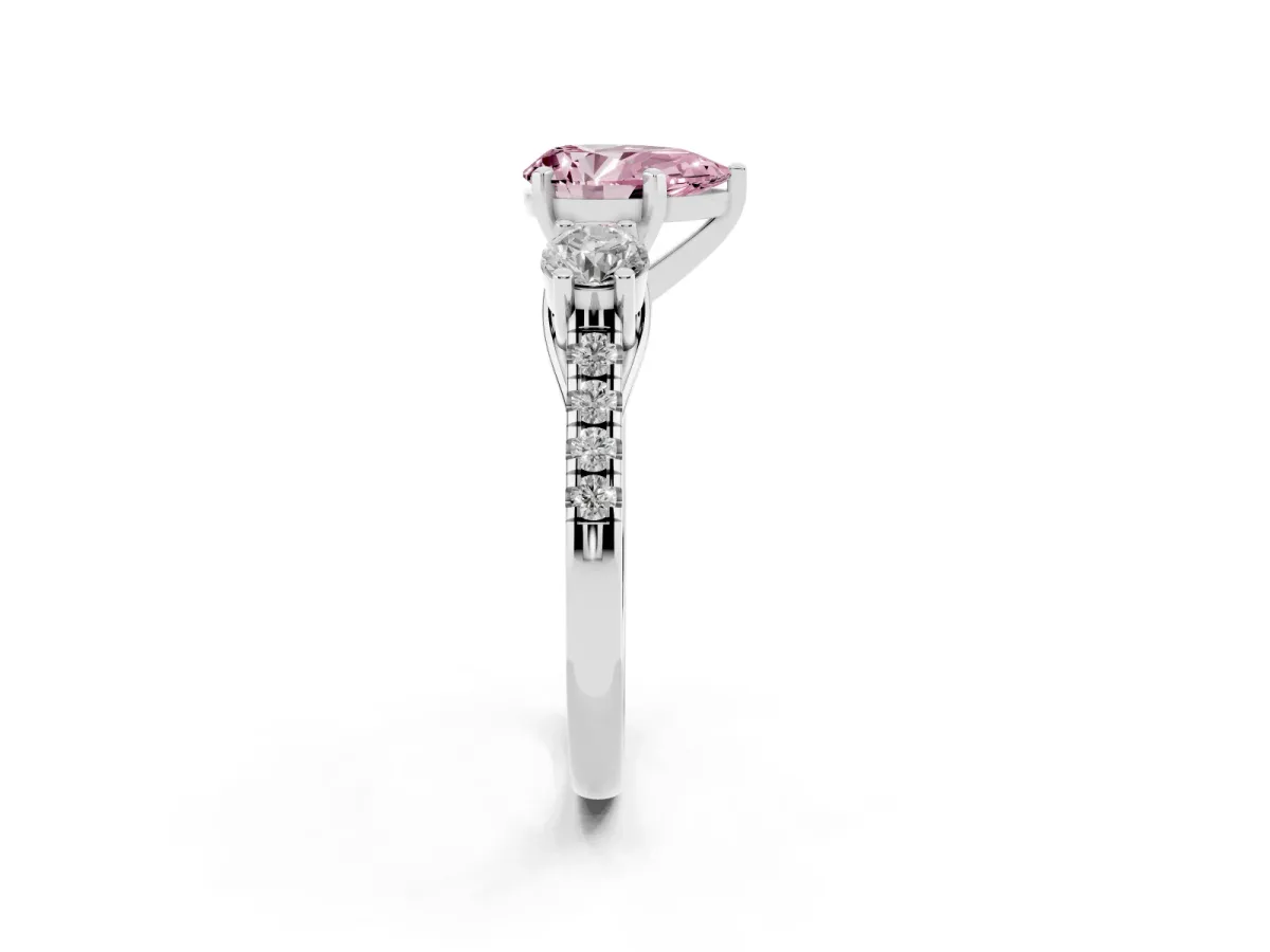 Fancy Pink Three-Stone Pear Cut Diamond Pavé Band with Four-Prong Setting Platinum