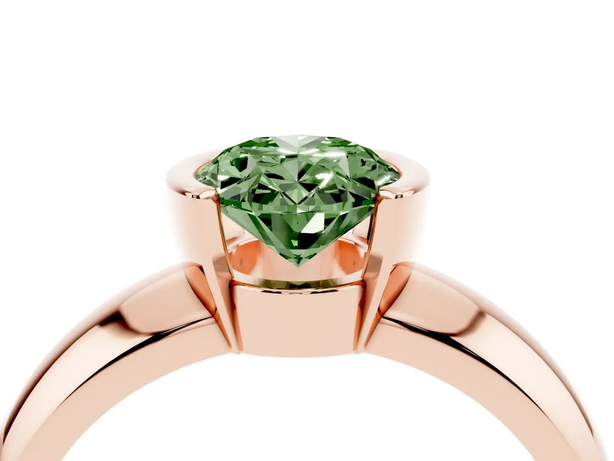 Fancy Green Oval Cut Solitaire Tension Set Diamond Ring with Wide Band Rose gold