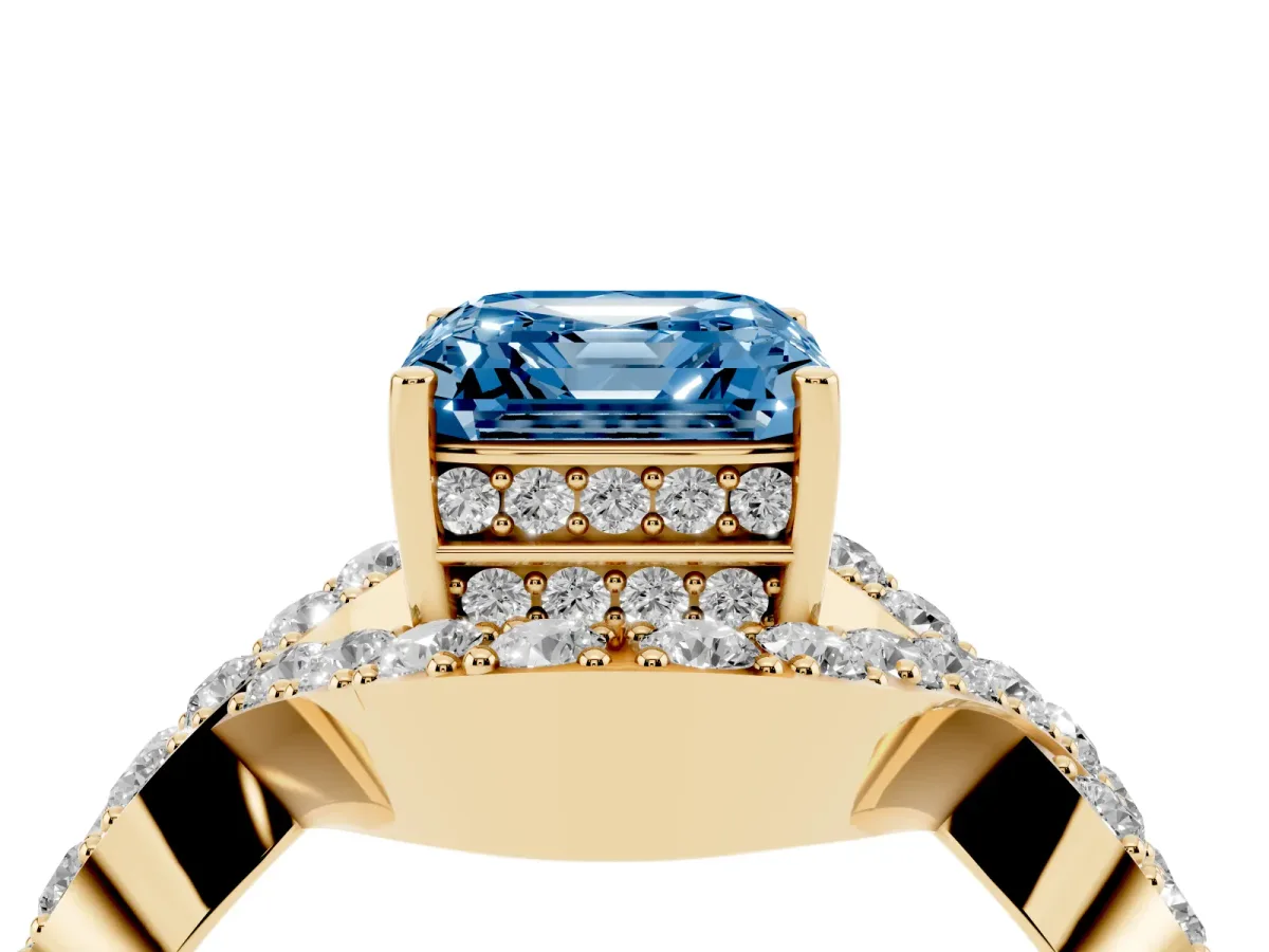 Fancy Blue Asscher Cut Solitaire Twist Band Pavé Diamond Engagement Ring Yellow gold