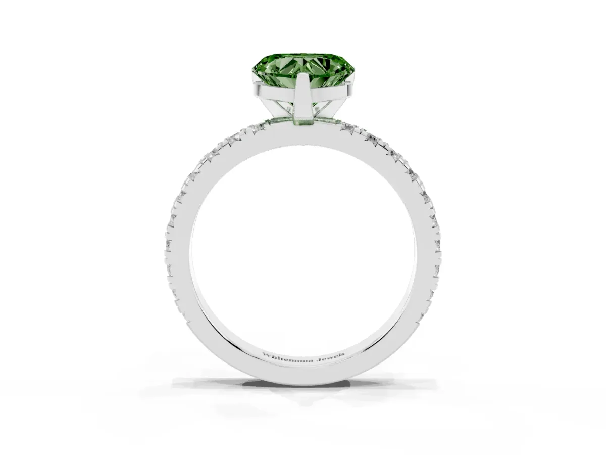Fancy Green Heart Cut Diamond Pavé Band Solitaire with Four-Prong Setting Silver