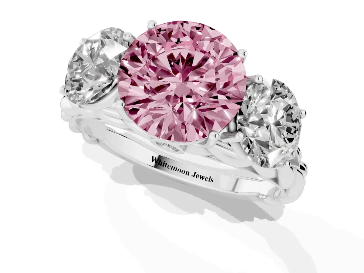 Fancy Pink Three-Stone Round Cut Diamond Braided Band Ring with Four-Prong Setting Platinum