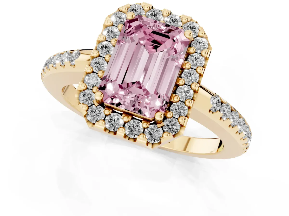Fancy Pink Emerald Cut Diamond Pavé Halo Ring with Four-Prong Setting Yellow gold