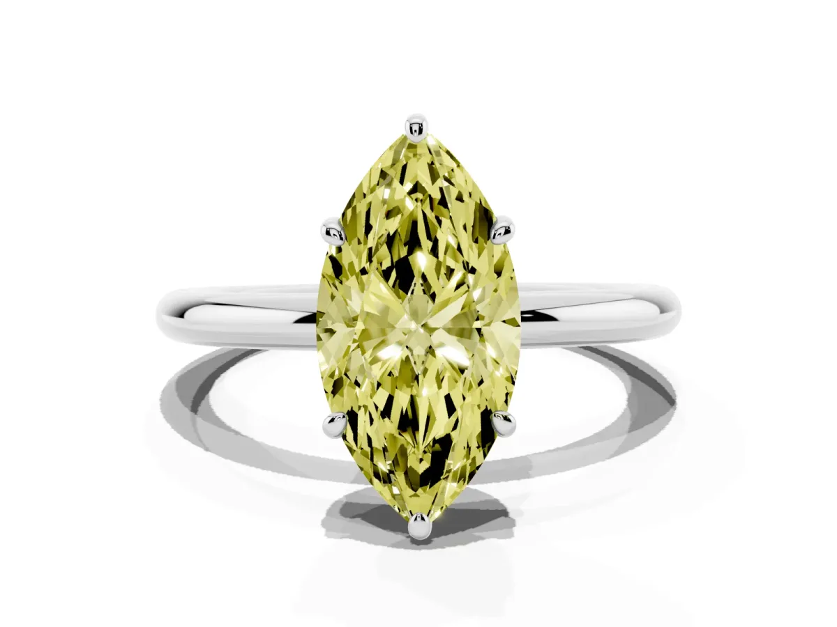 Fancy Yellow Oval Cut Solitaire Diamond Ring with Four-Prong Setting on a Plain Band Platinum