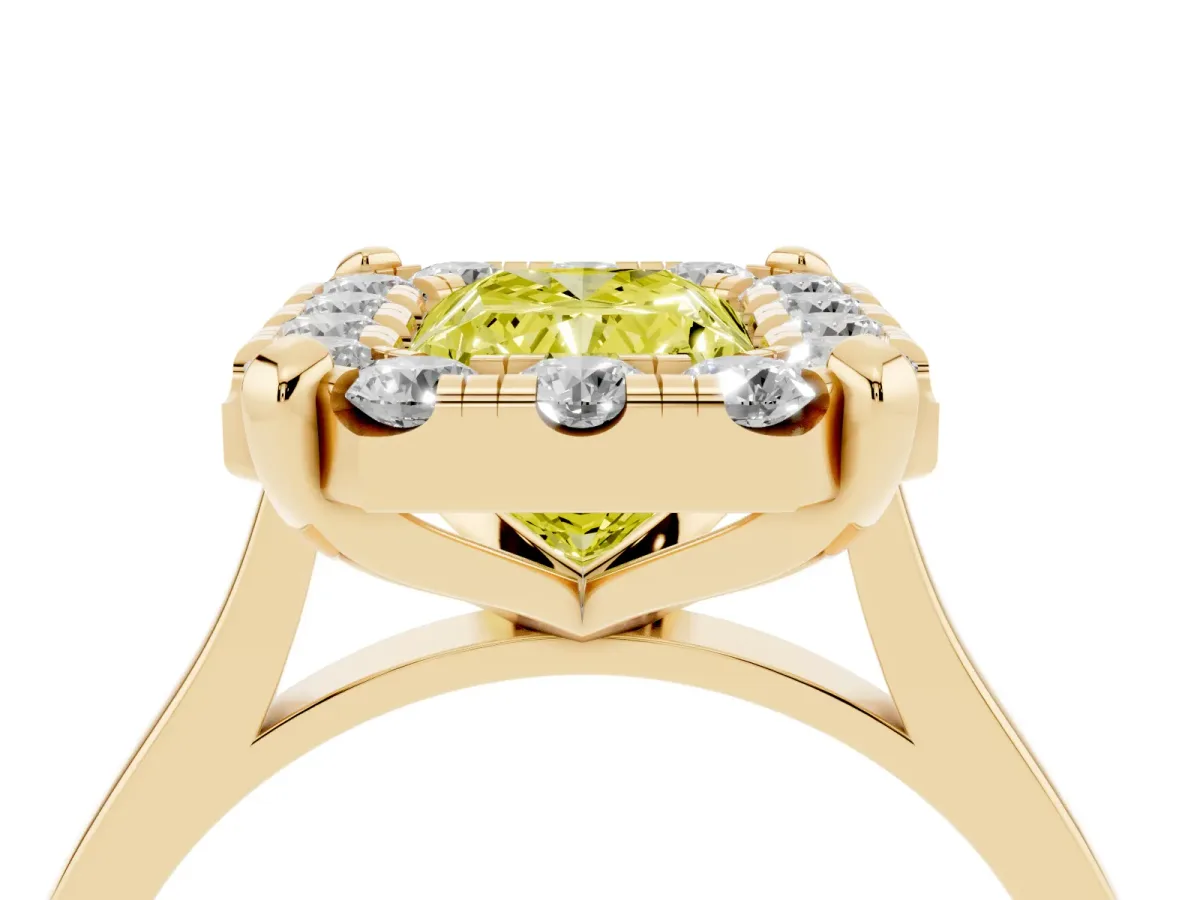 Fancy Yellow Radiant Cut Diamond Cluster Halo Solitaire with Four-Prong Setting Yellow gold