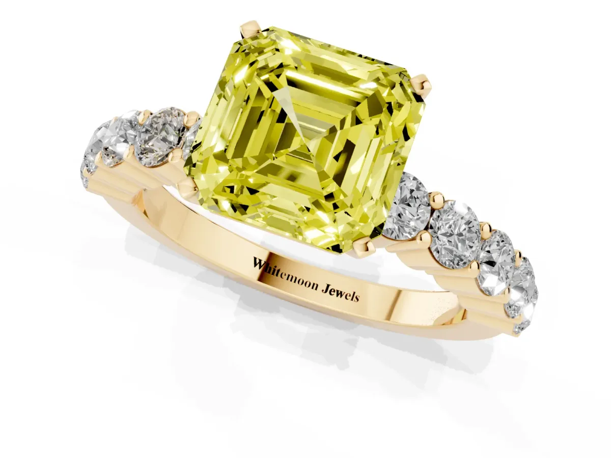 Fancy Yellow Asscher Cut Diamond Solitaire Ring with Shared Prong Round Side Stones Yellow gold