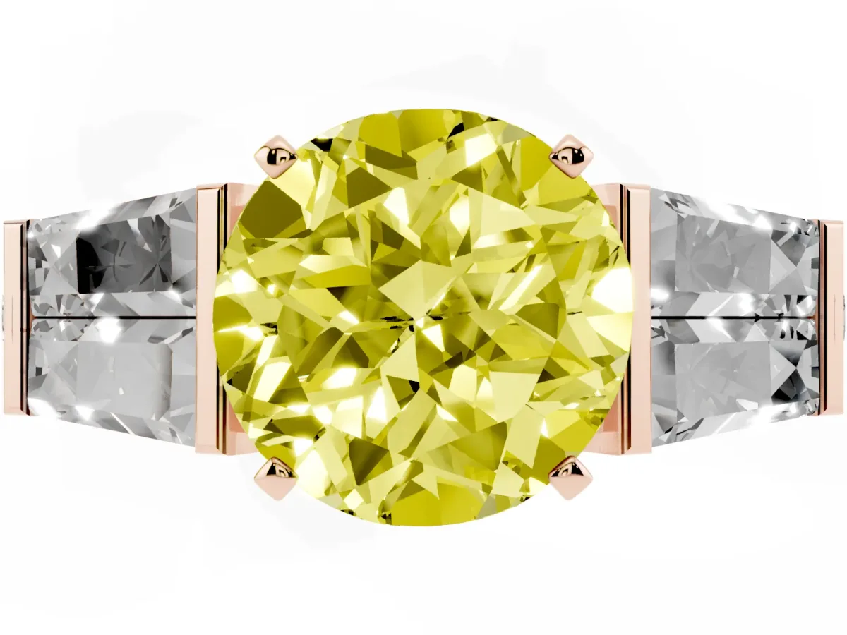 Fancy Yellow Round Cut Diamond Engagement Ring with Baguette Side Stones and Channel Set Band Rose gold