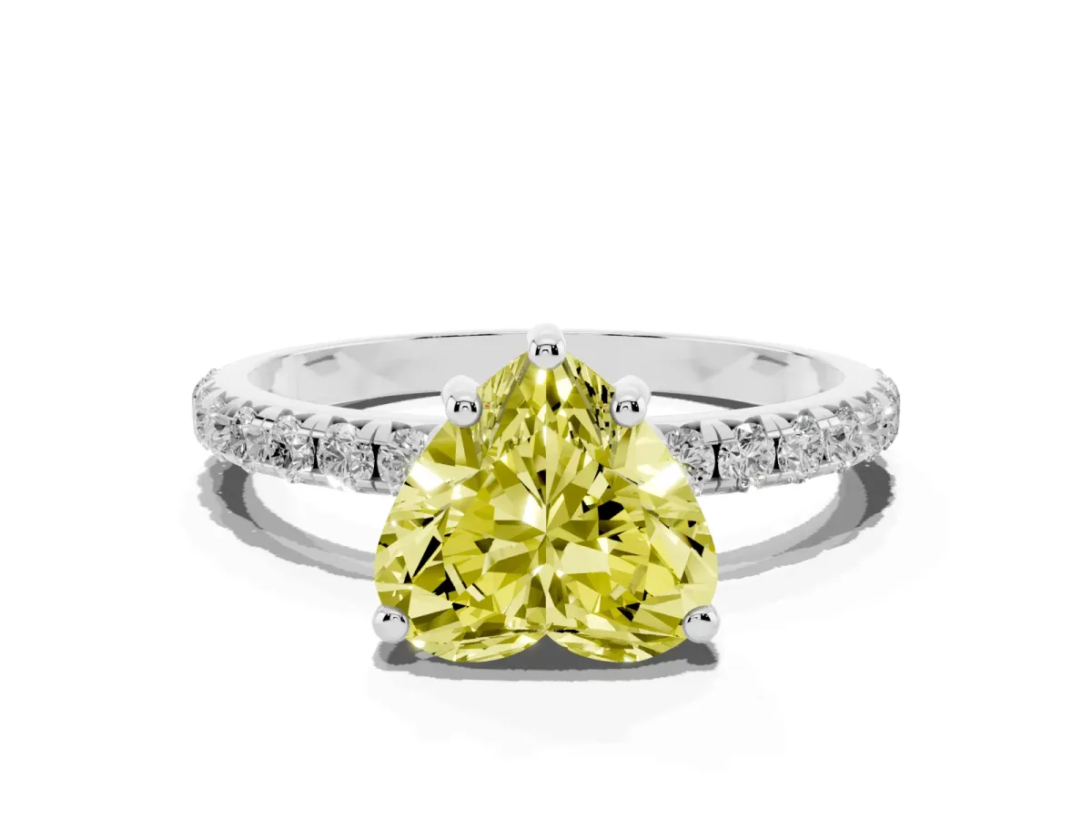 Fancy Yellow Heart Cut Cut Diamond Solitaire Ring with Micro Pave Band and Four Prong Setting Silver