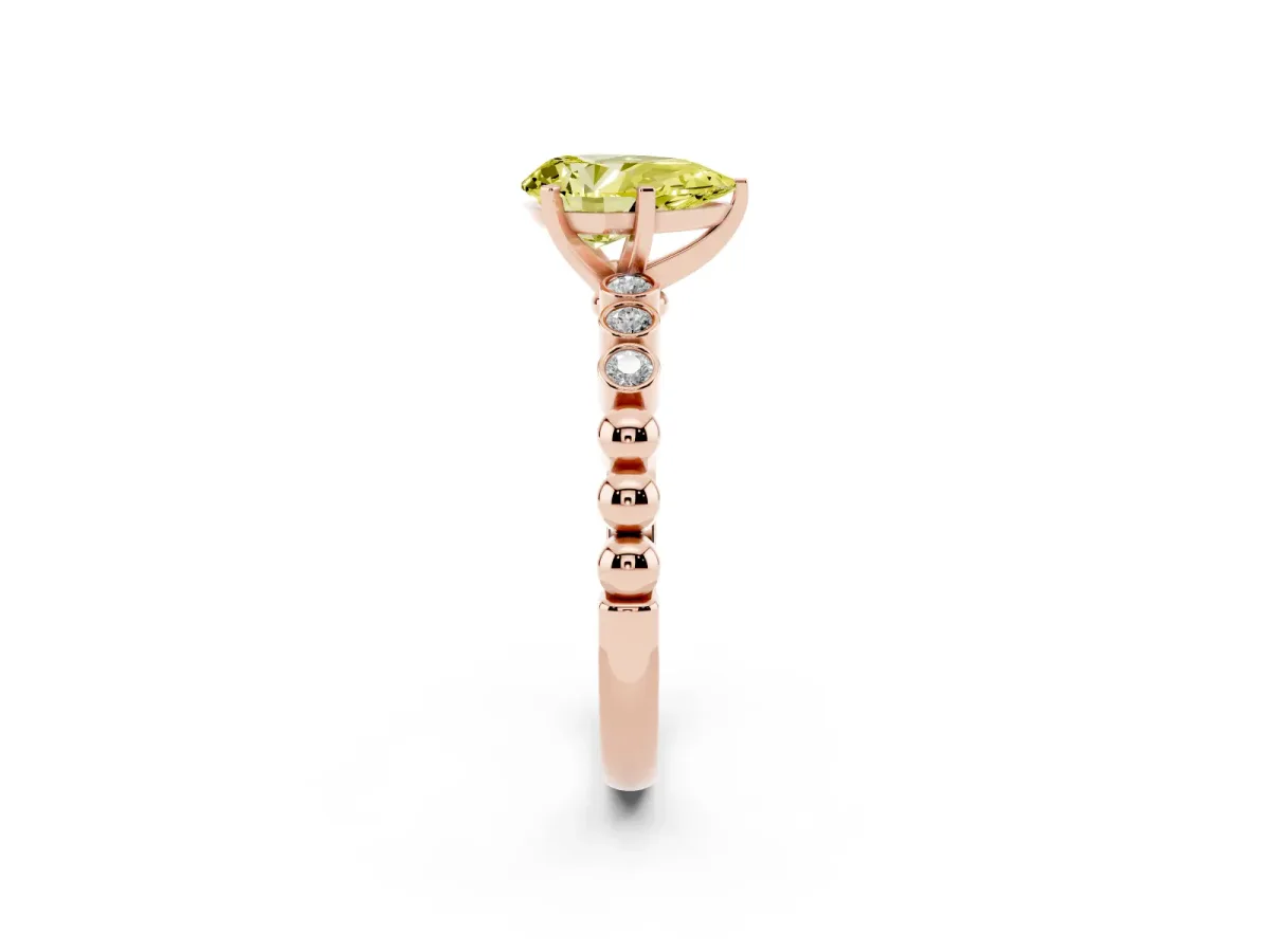 Fancy Yellow Pear Cut Solitaire Bezel Accent Diamond Engagement Ring with Beaded Band and Four-Prong Setting Rose gold