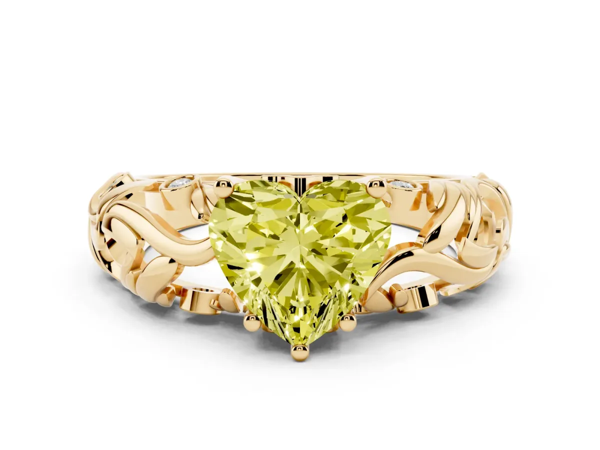Fancy Yellow Heart Cut Solitaire Diamond Leaf-Inspired Vine Band Ring with Prong Setting Yellow gold