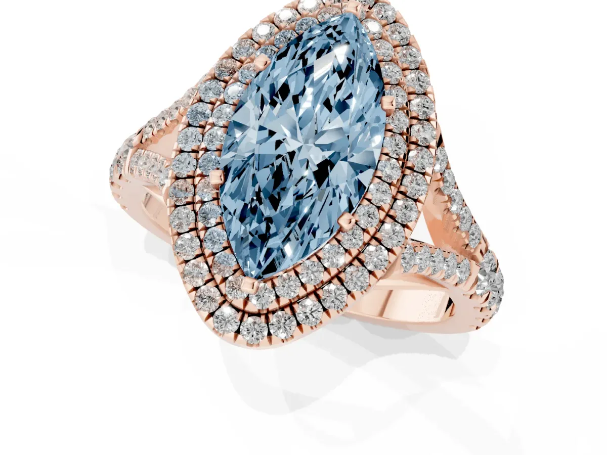 Fancy Blue Double Halo Marquise Cut Diamond Split Shank Engagement Ring with Four-Prong Setting Rose gold