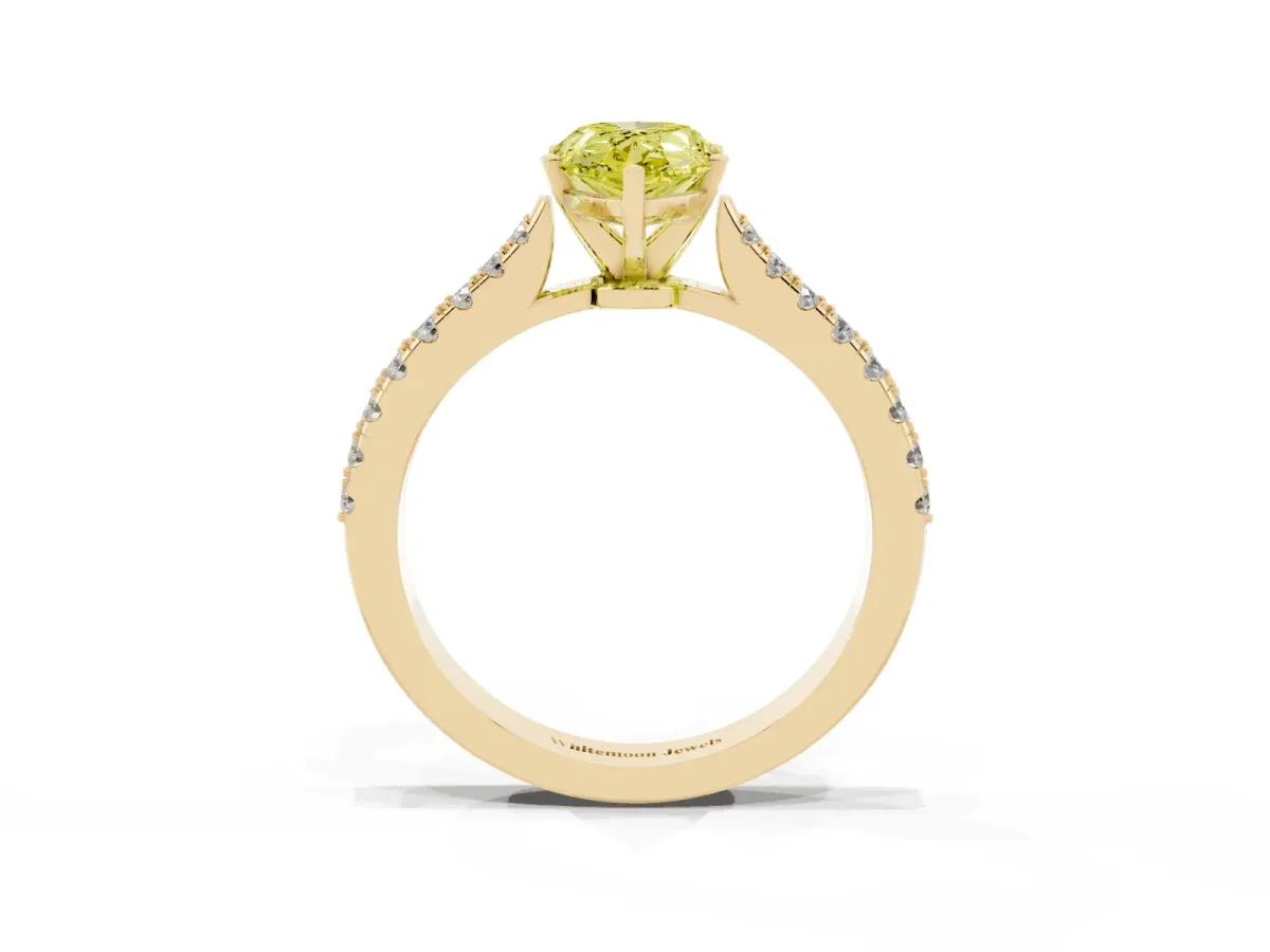 Fancy Yellow Pear Cut Cut Solitaire Diamond Engagement Ring with Pave Band and Four-Prong Setting Yellow gold