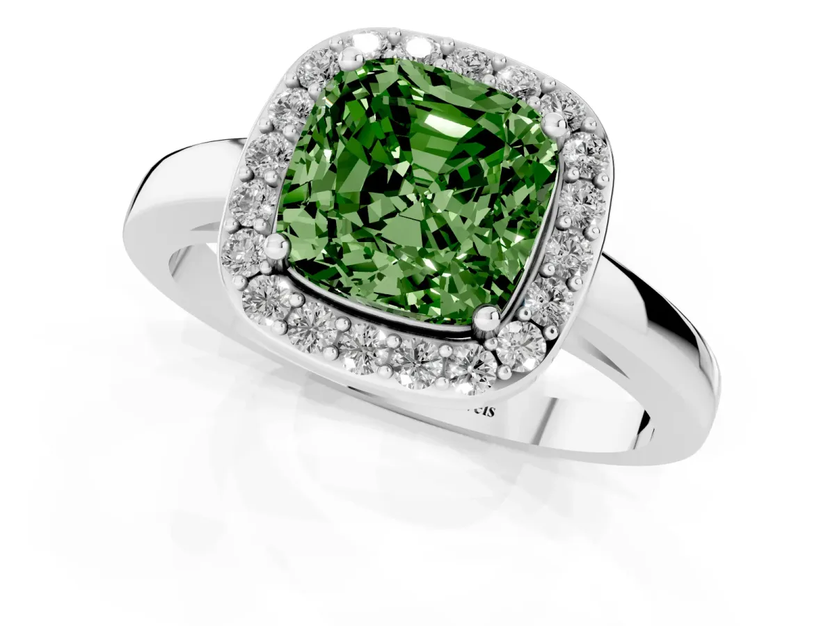 Fancy Green Cushion Cut Halo Diamond Ring with Solitaire Band and Prong Setting Platinum