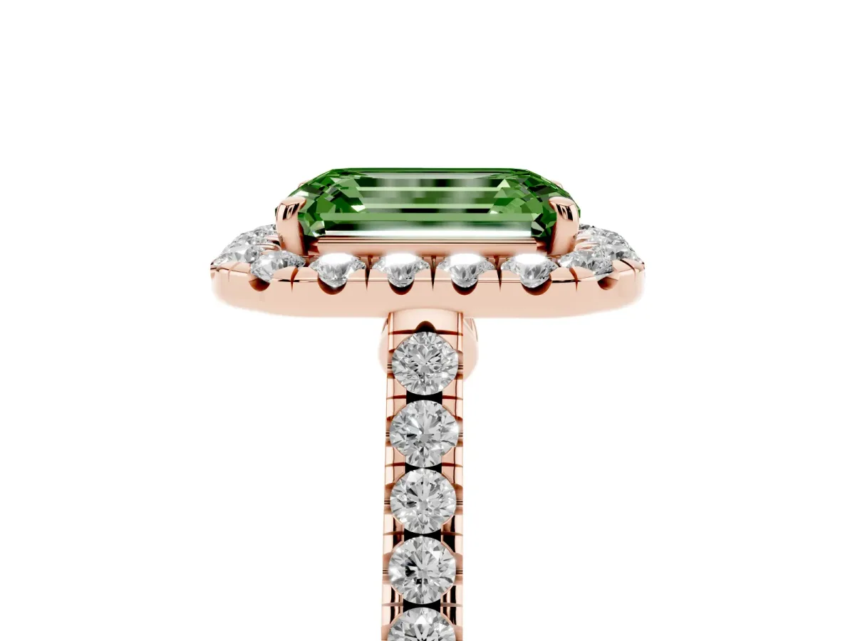 Fancy Green Emerald Cut Halo Pave Diamond Engagement Ring with Four-Prong Setting Rose gold