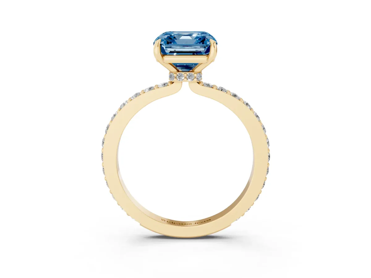 Fancy Blue Asscher Cut Diamond Pavé Engagement Ring with Round Accents and Prong Setting Yellow gold