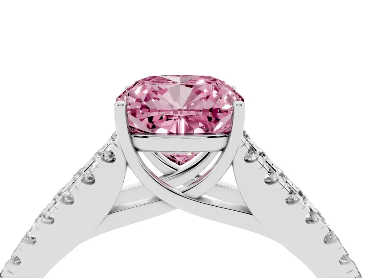 Fancy Pink Cushion Cut Diamond Split Shank Engagement Ring with Round Pavé and Prong Setting Silver