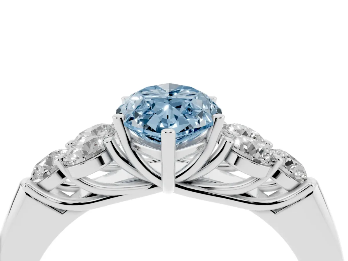 Fancy Blue Marquise Cut Cut Diamond Cluster Ring with Round Accent Stones and Prong Setting on a Classic Band Platinum