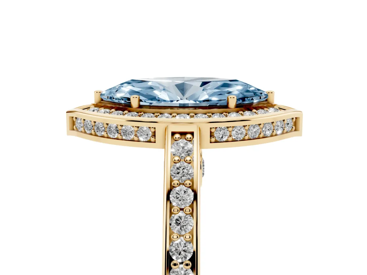 Fancy Blue Marquise Cut Cut Halo Pave Split Shank Prong Setting Ring Yellow gold