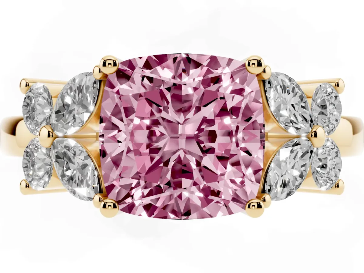 Fancy Pink Cushion Cut Diamond Floral Cluster Ring with Solitaire Band and Prong Setting Yellow gold