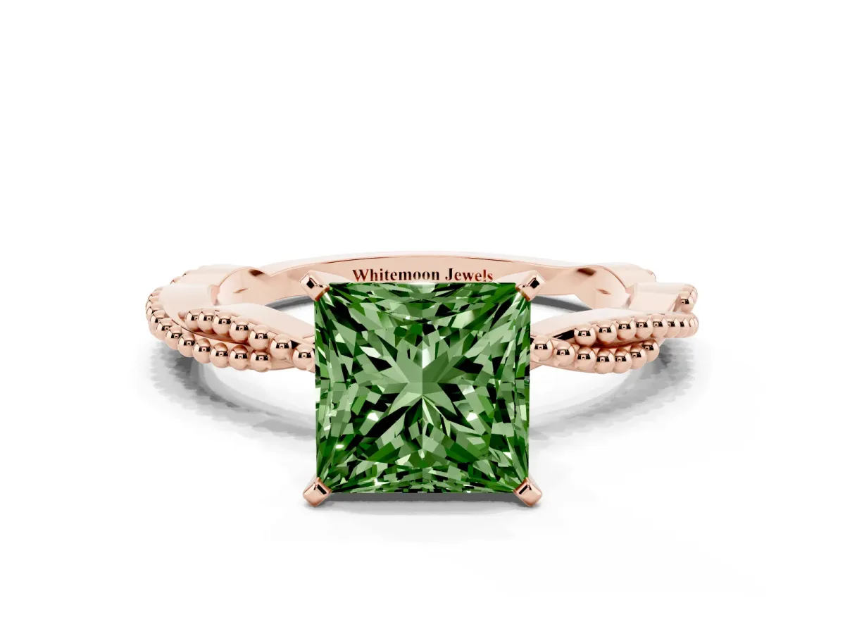 Fancy Green Princess Cut Solitaire Twisted Band with Bead Prong Setting Rose gold