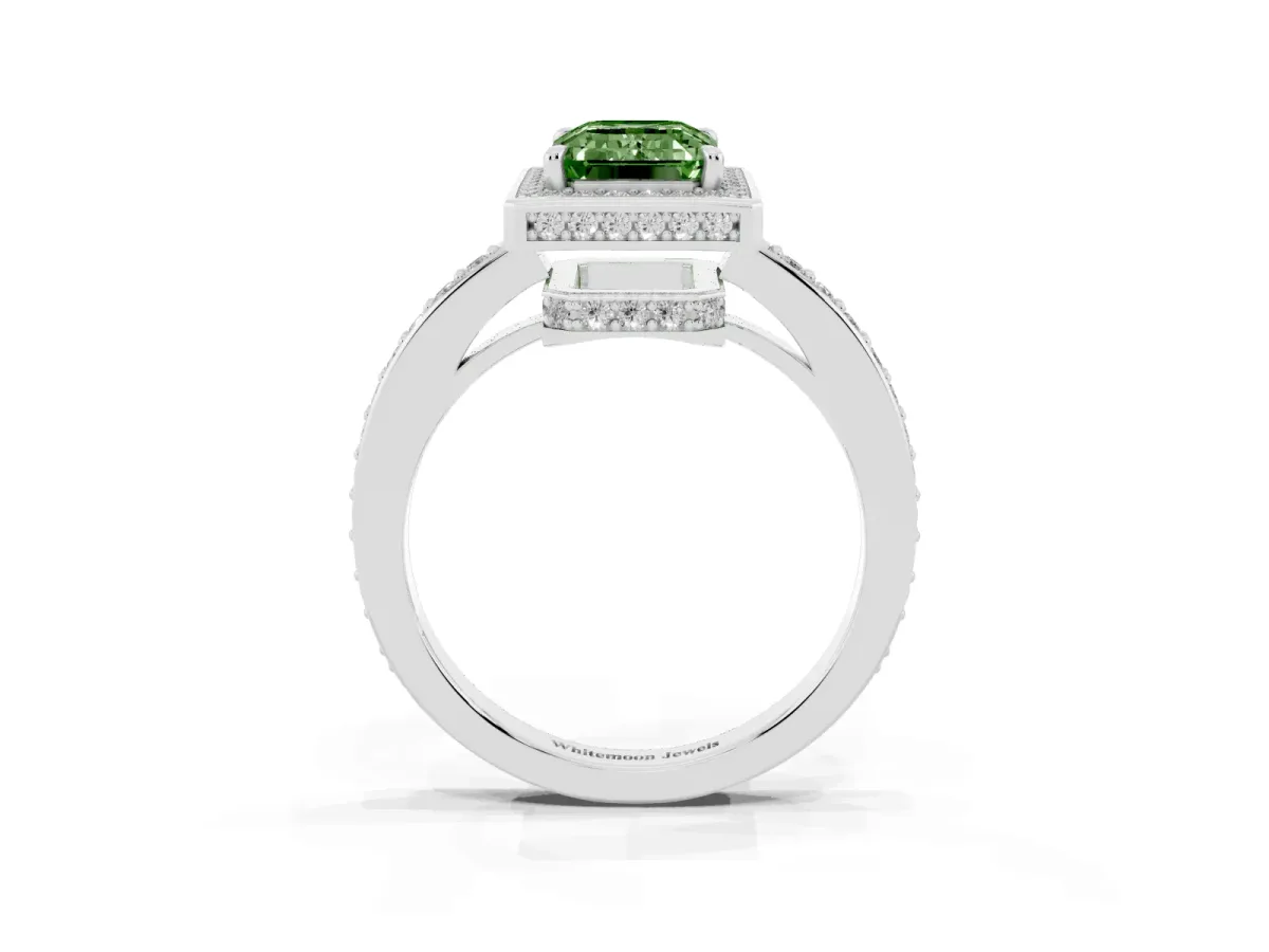 Fancy Green Emerald Cut Halo Pave Band Solitaire Ring with Prong Setting Silver