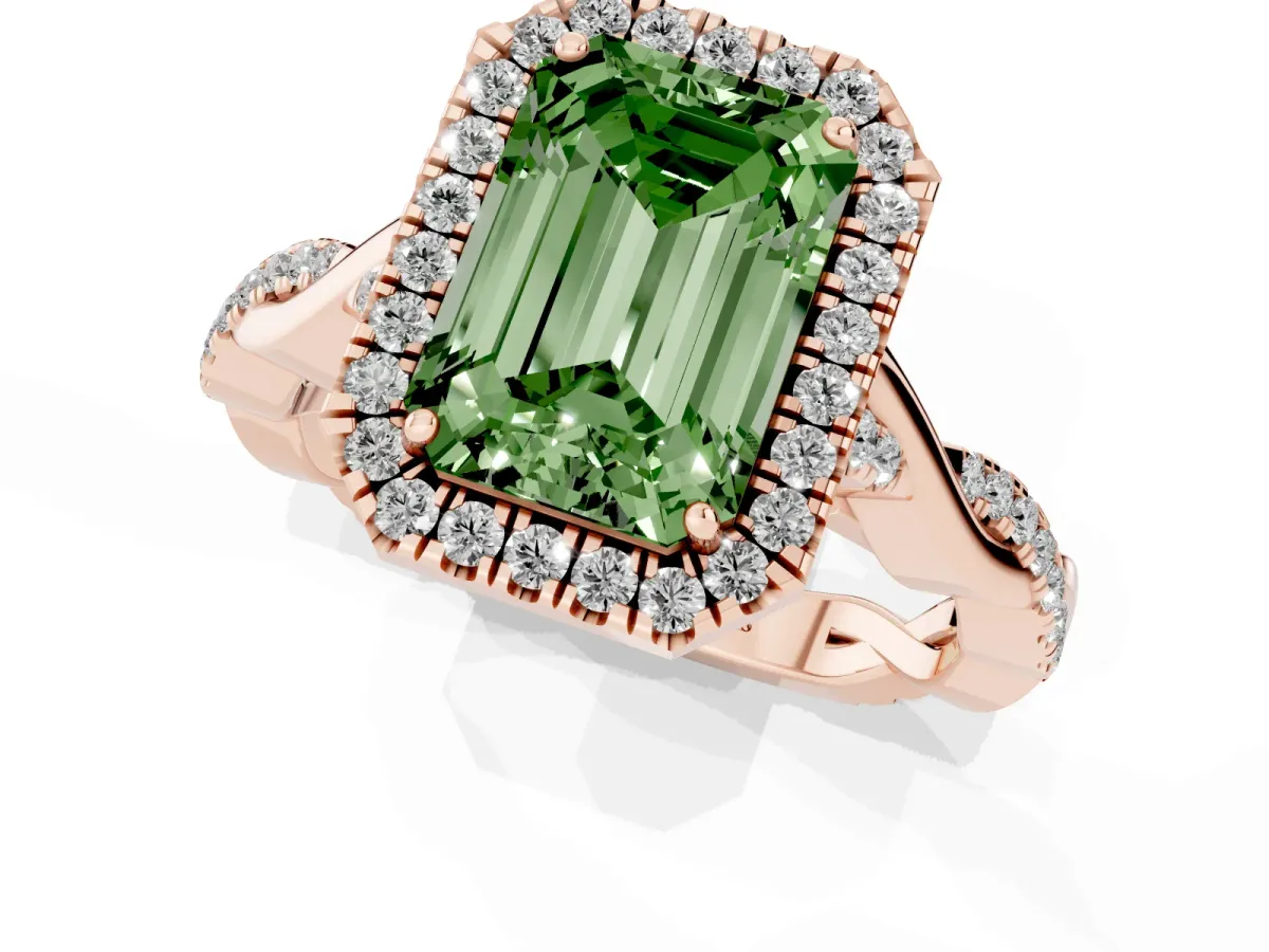 Fancy Green Emerald Cut Halo Twist Band Solitaire Ring Rose gold
