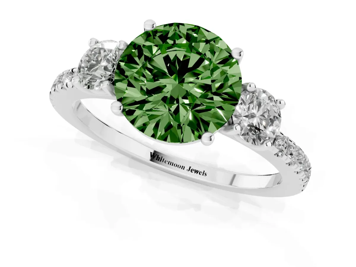 Fancy Green Three-Stone Round Cut Cut Diamond Pavé Band with Prong Setting Platinum