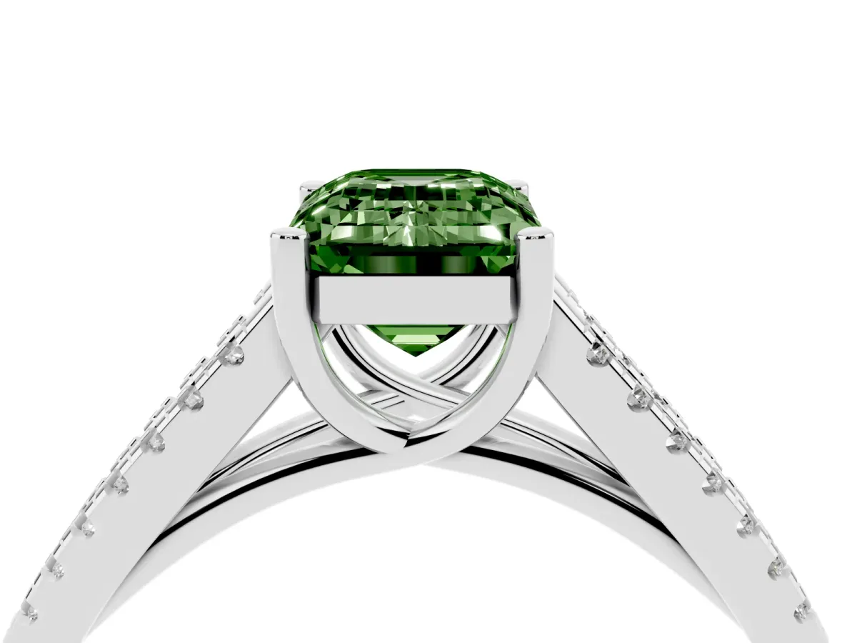 Fancy Green Emerald Cut Diamond Solitaire Engagement Ring with Split Shank Pavé Band Platinum