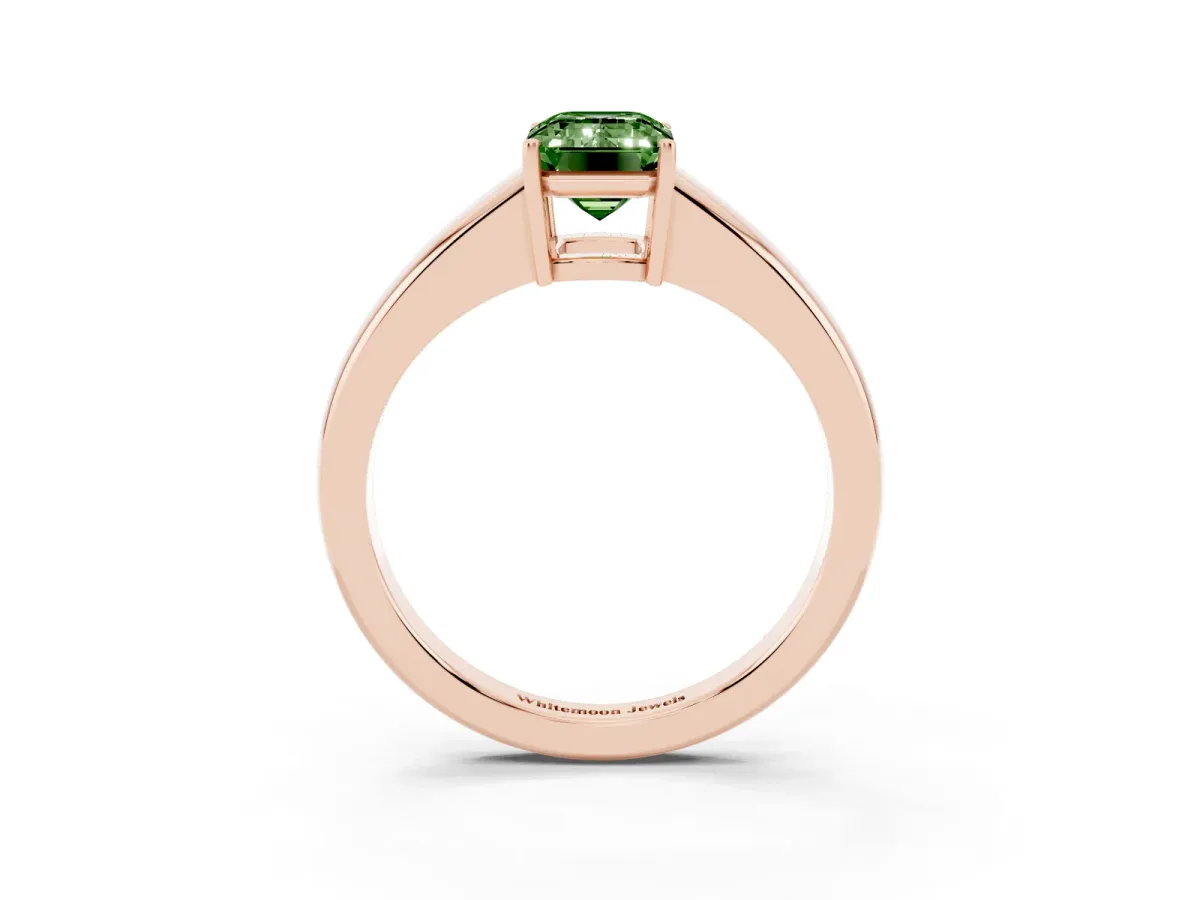 Fancy Green Emerald Cut Solitaire Diamond Ring with Tapered Band and Four-Prong Setting Rose gold