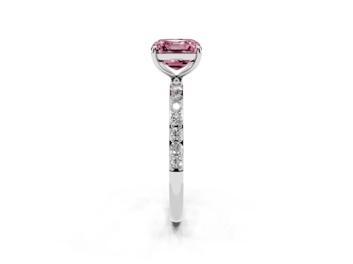 Fancy Pink Asscher Cut Diamond Solitaire Ring with Round Pavé Shoulders and Prong Setting Silver