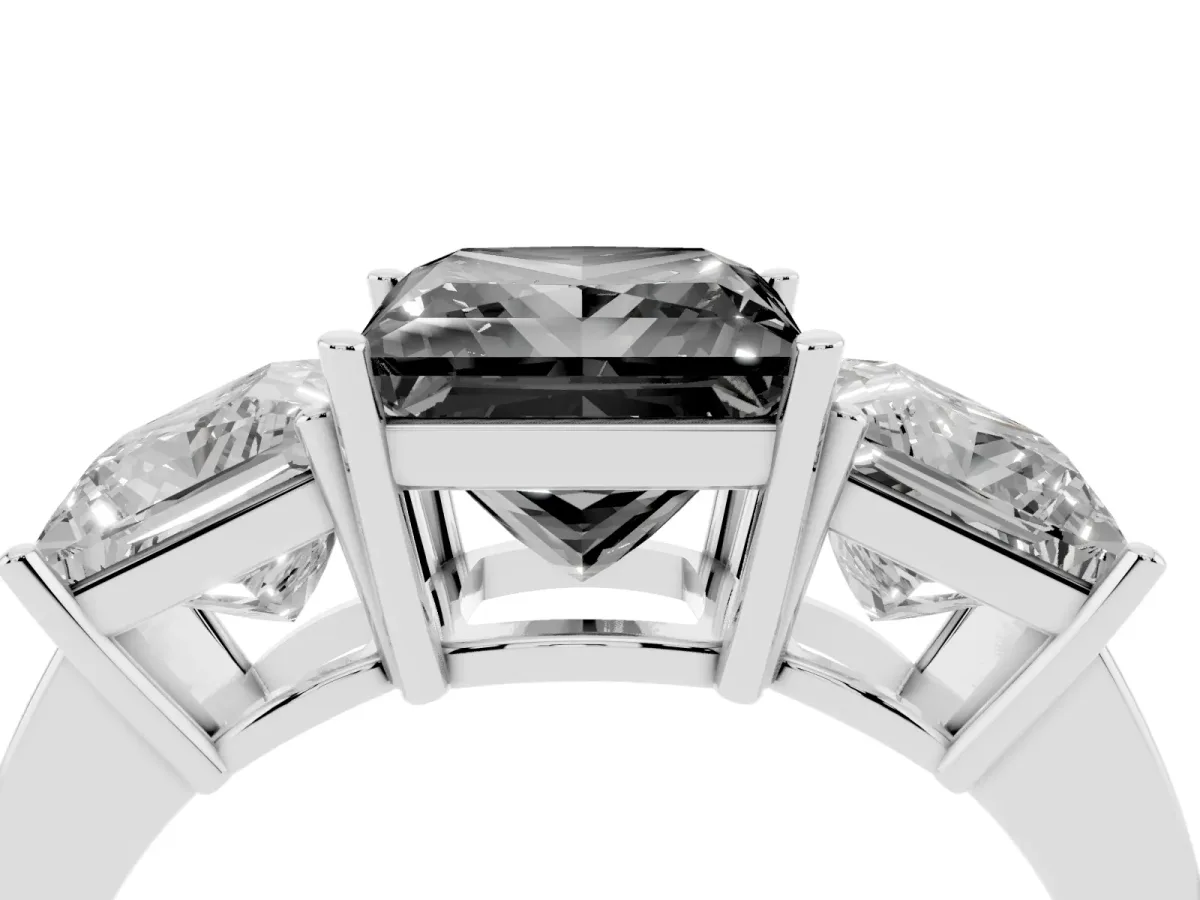 Fancy Black Three-Stone Princess Cut Cut Diamond Engagement Ring with Flat Band and Four-Prong Setting Silver