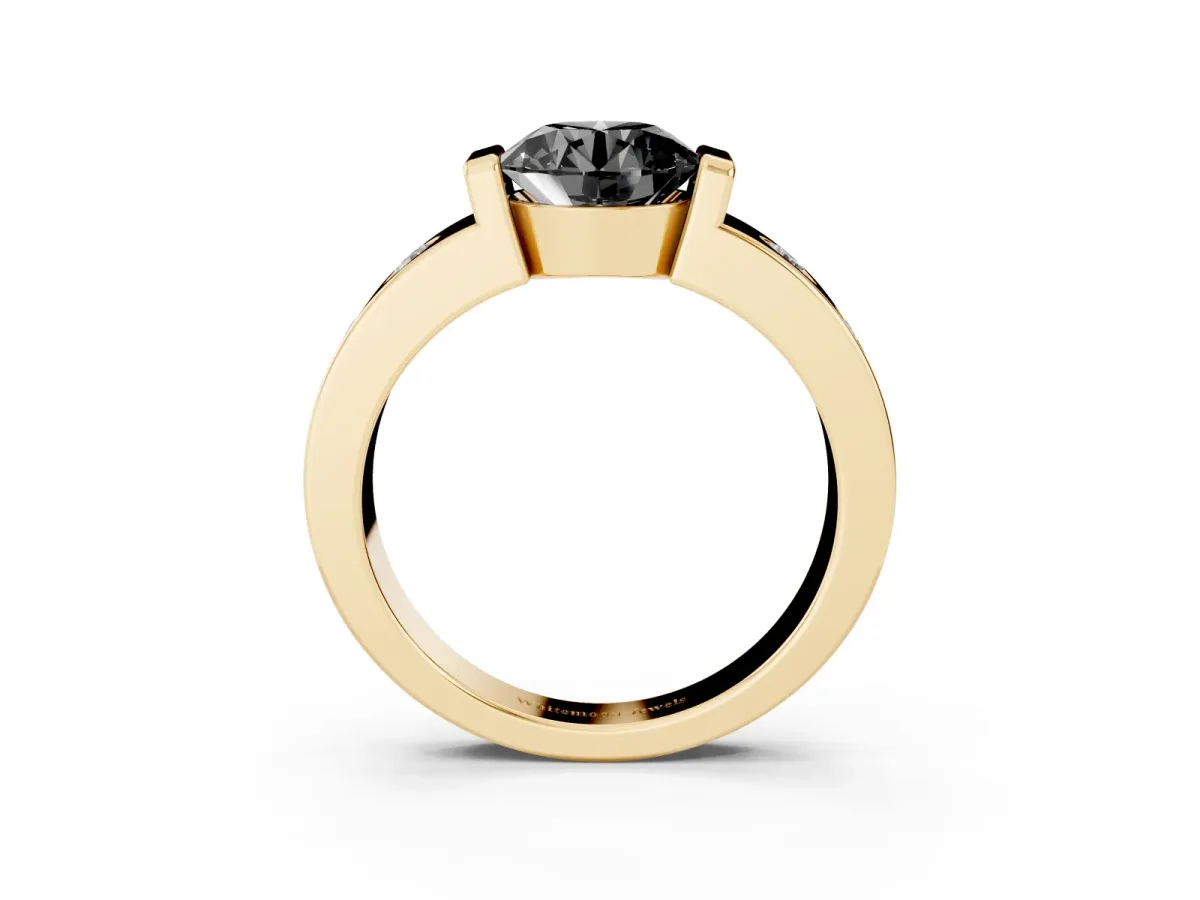 Fancy Black Round Cut Brilliant Channel-Set Diamond Ring with Bezel Prong Setting Yellow gold
