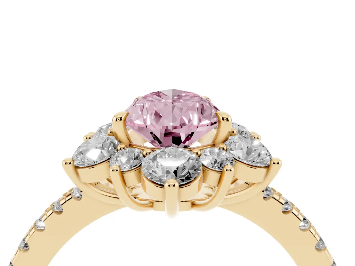 Fancy Pink Pear Cut Diamond Floral Halo Ring with Round Pavé Band and Prong Setting Yellow gold