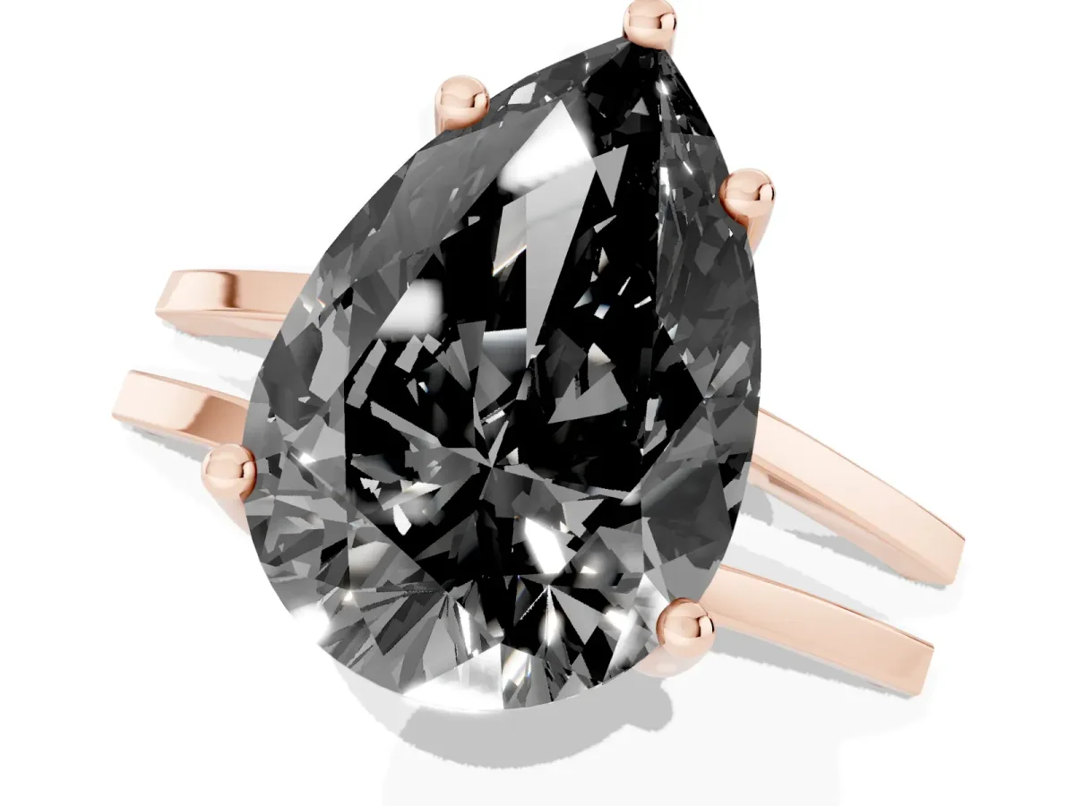Fancy Black Pear Cut Cut Diamond Solitaire Engagement Ring with Tapered Plain Band and Four-Prong Setting Rose gold