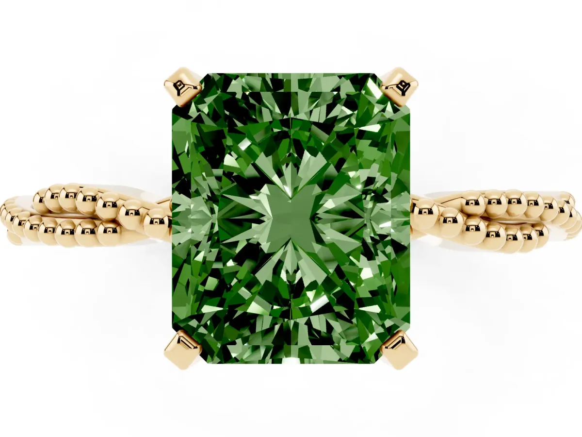 Fancy Green Radiant Cut Solitaire Twisted Band with Bead Prong Setting Yellow gold