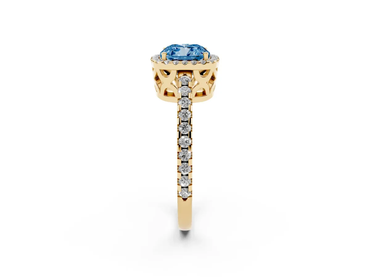 Fancy Blue Cushion Cut Diamond Halo Engagement Ring with Pavé Band and Prong Setting Yellow gold