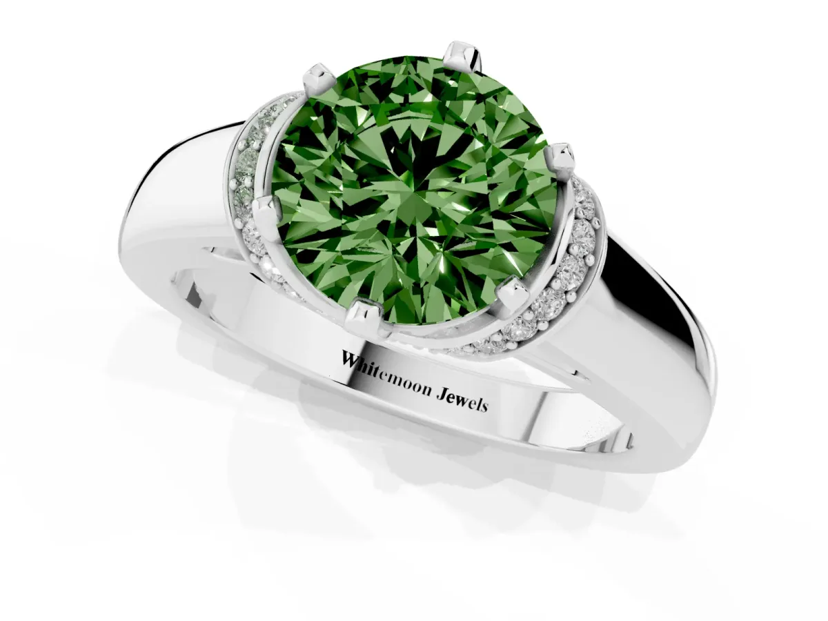 Fancy Green Round Cut Solitaire Diamond Ring with Pave Band and Six-Prong Setting Platinum