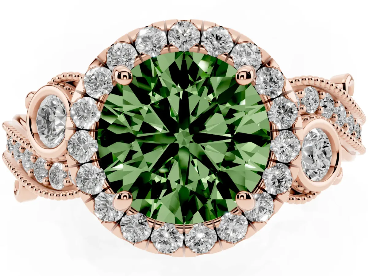 Fancy Green Round Cut Halo Diamond Ring with Milgrain and Bezel Accents on a Split Shank Band Rose gold