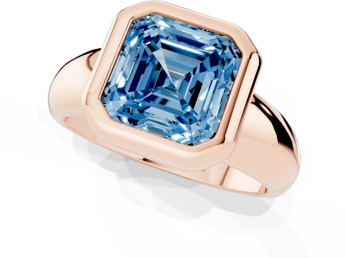 Fancy Blue Bezel Set Asscher Cut Solitaire Ring with Wide Band Rose gold