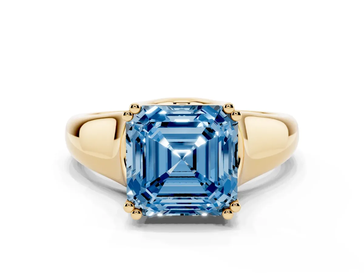 Fancy Blue Asscher Cut Diamond Solitaire Ring with Wide Band and Prong Setting Yellow gold
