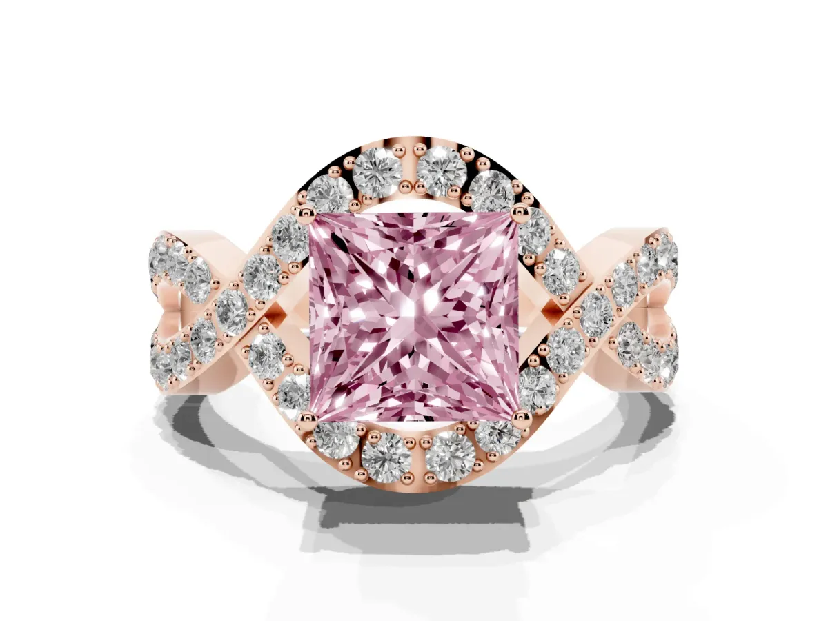 Fancy Pink Princess Cut Solitaire Twist Band Pavé Diamond Engagement Ring Rose gold