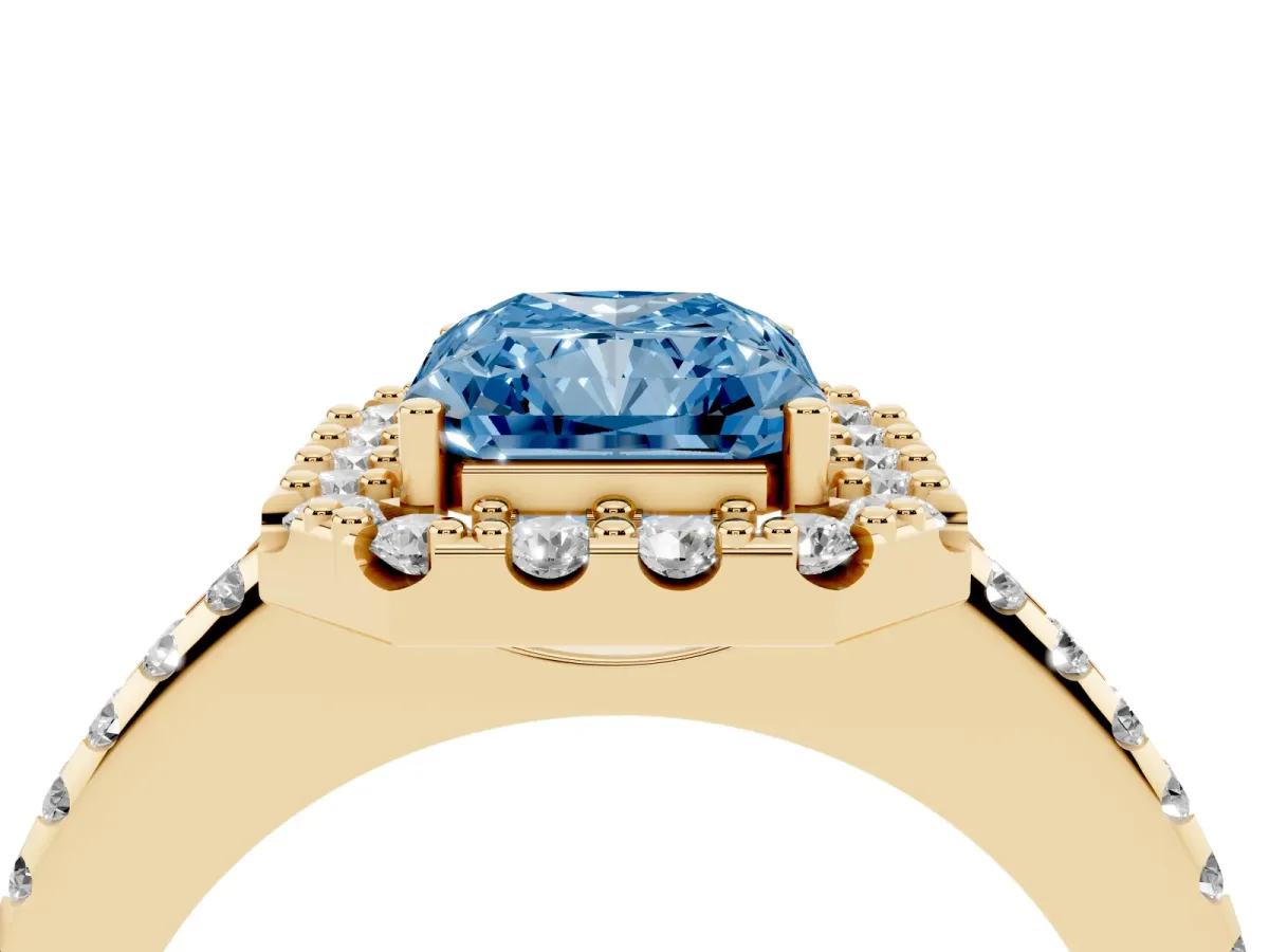 Fancy Blue Radiant Cut Diamond Pavé Halo Ring with Four-Prong Setting Yellow gold