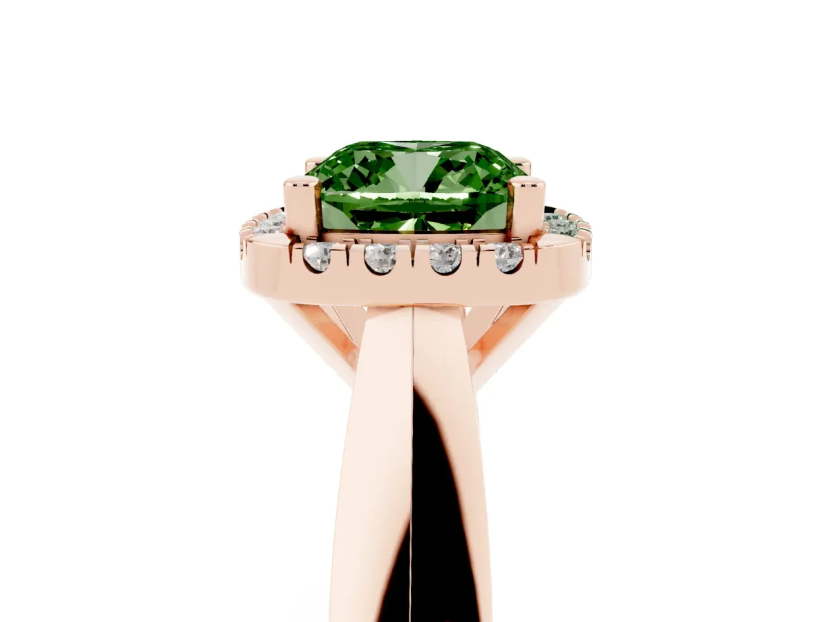 Fancy Green Cushion Cut Cut Halo Solitaire Engagement Ring with Square Band and Four-Prong Setting Rose gold