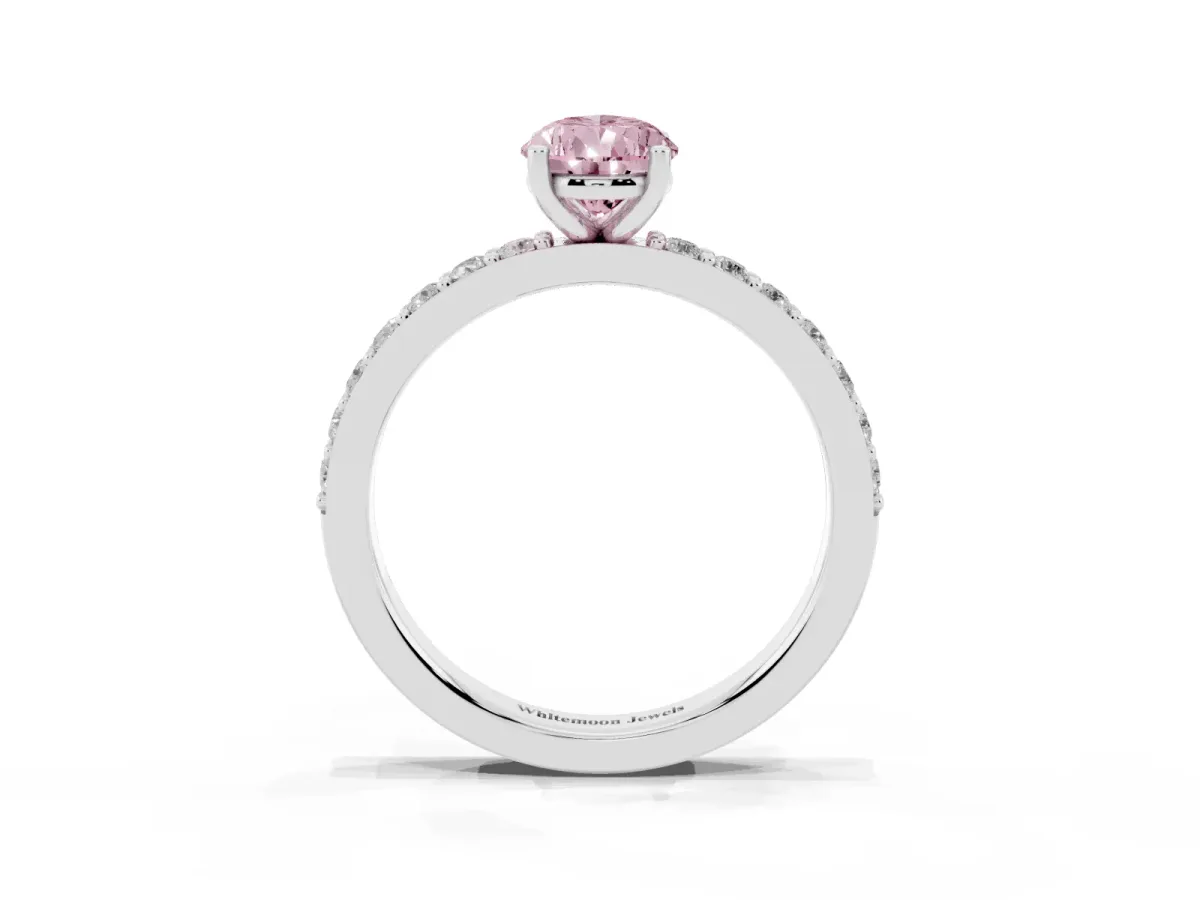 Fancy Pink Pear Cut Cut Diamond Solitaire with Pave Band and Four-Prong Setting Silver